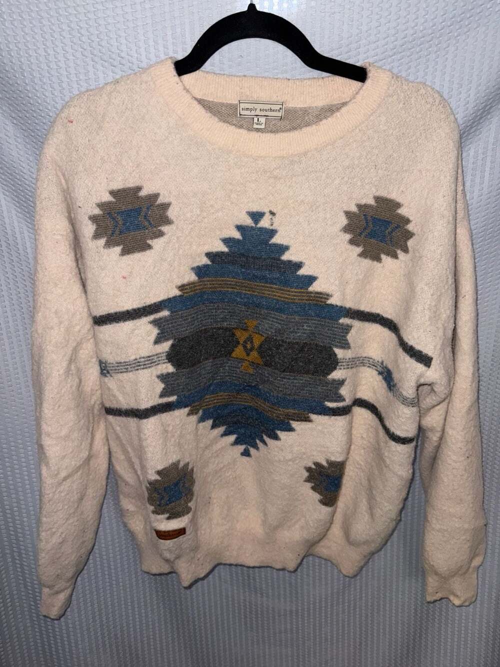 Simply Southern Aztec Soft Fuzzy Long Sleeve Sweatshirt Size L Cream Blue